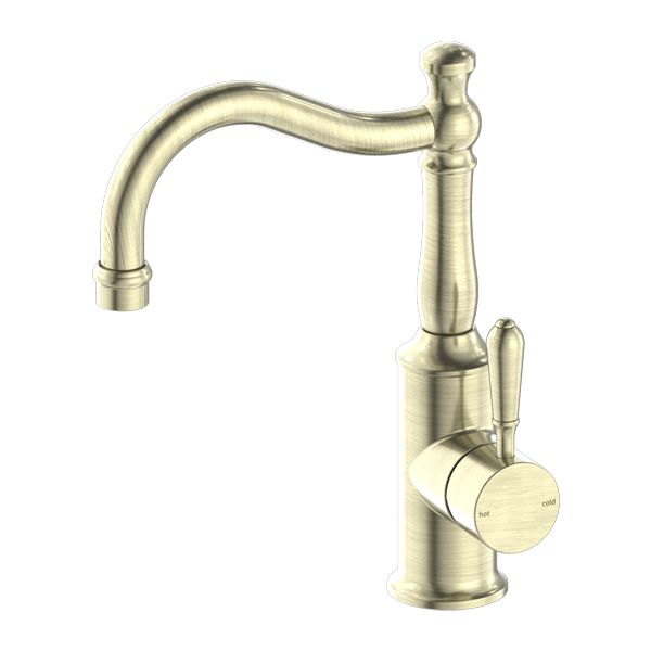 YORK BASIN MIXER HOOK SPOUT WITH METAL LEVER AGED BRASS (NR69210202AB)