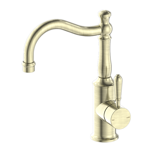 YORK BASIN MIXER HOOK SPOUT WITH METAL LEVER AGED BRASS (NR69210202AB)