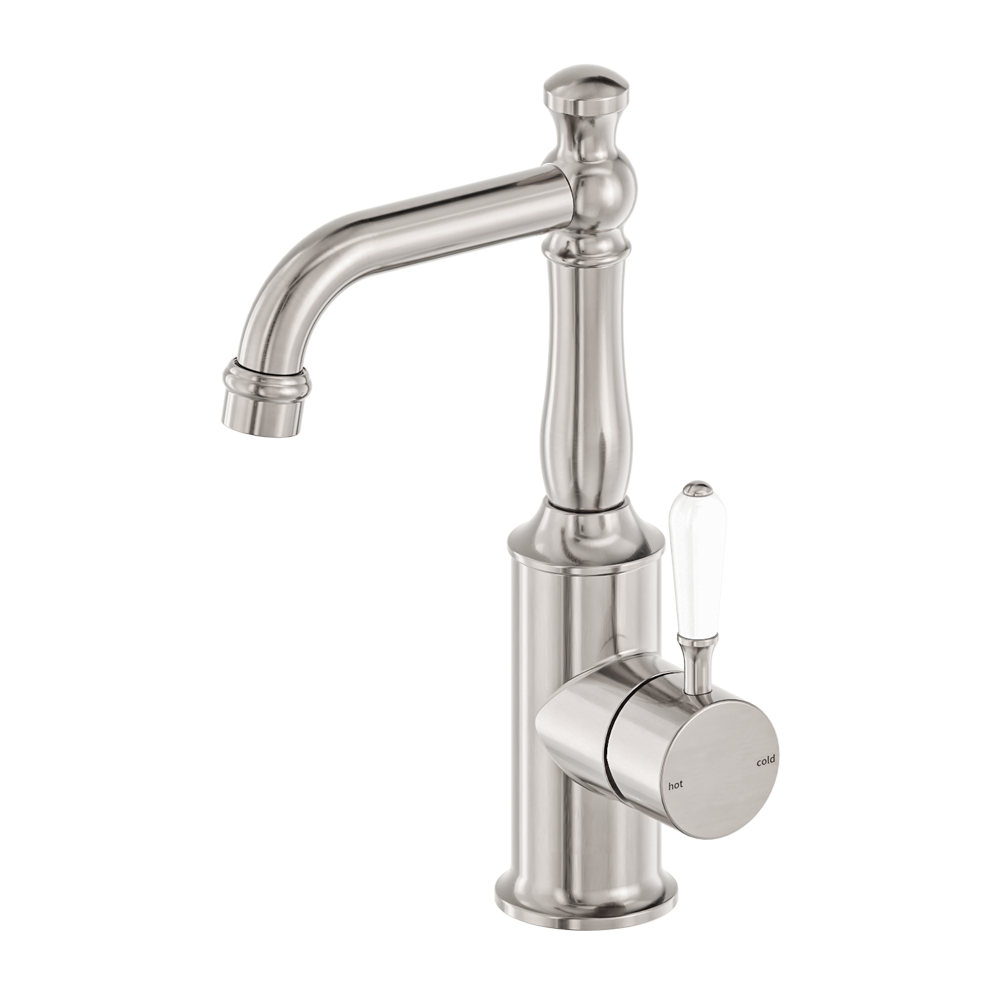 York Basin Mixer With White Porcelain Lever Brushed Nickel (NR69210101BN)