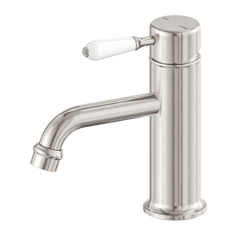 York Straight Basin Mixer With White Porcelain Lever Brushed Nickel (NR692101b01BN)