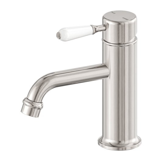 York Straight Basin Mixer With White Porcelain Lever Brushed Nickel (NR692101b01BN)