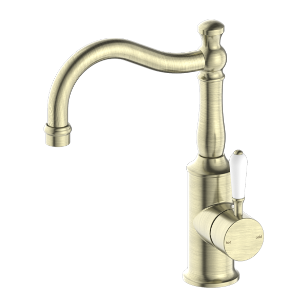 YORK BASIN MIXER HOOK SPOUT WITH WHITE PORCELAIN LEVER AGED BRASS (NR69210201AB)