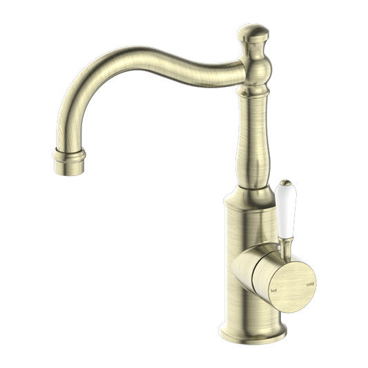 YORK BASIN MIXER HOOK SPOUT WITH WHITE PORCELAIN LEVER AGED BRASS (NR69210201AB)