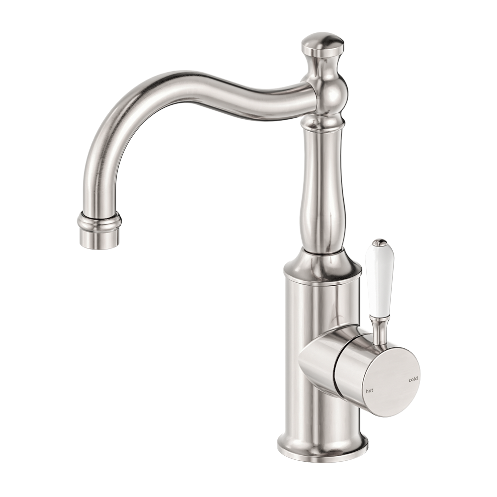 York Basin Mixer Hook Spout With White Porcelain Lever Brushed Nickel (NR69210201BN)