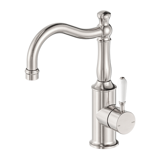 York Basin Mixer Hook Spout With White Porcelain Lever Brushed Nickel (NR69210201BN)