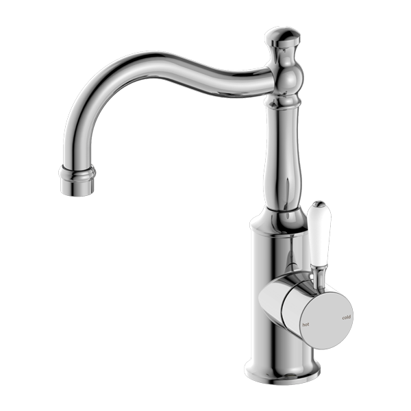 YORK BASIN MIXER HOOK SPOUT WITH WHITE PORCELAIN LEVER CHROME (NR69210201CH)