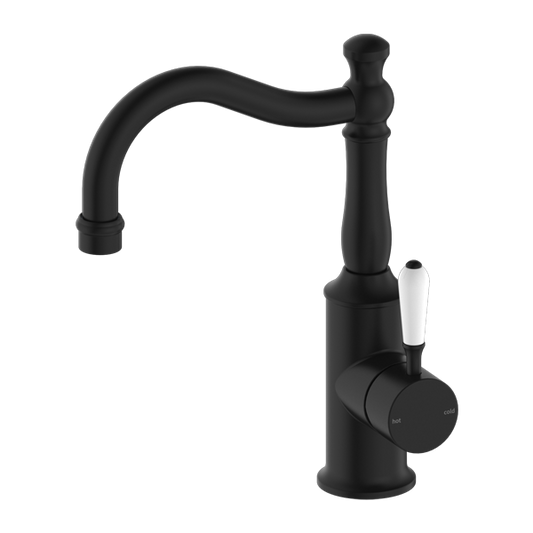 YORK BASIN MIXER HOOK SPOUT WITH WHITE PORCELAIN LEVER MATTE BLACK (NR69210201MB)