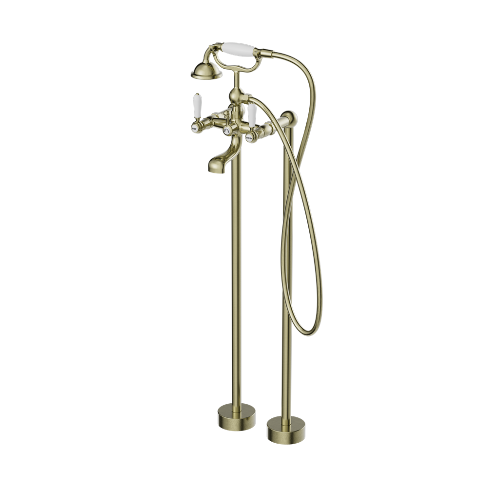 YORK FREESTANDING BATH SET WITH WHITE PORCELAIN HAND SHOWER AGED BRASS (NR692103a01AB)