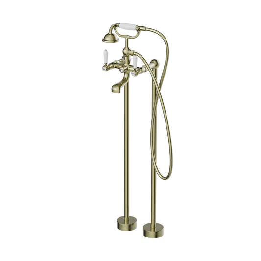 YORK FREESTANDING BATH SET WITH WHITE PORCELAIN HAND SHOWER AGED BRASS (NR692103a01AB)