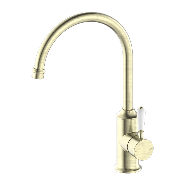 YORK KITCHEN MIXER GOOSENECK SPOUT WITH WHITE PORCELAIN LEVER AGED BRASS (NR69210601AB)