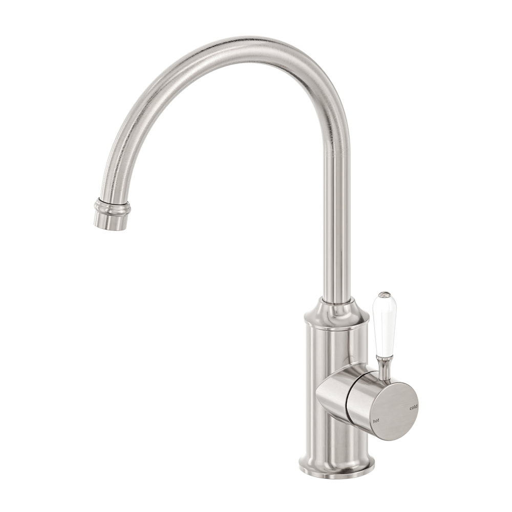 York Kitchen Mixer Gooseneck Spout With White Porcelain Lever Brushed Nickel (NR69210601BN)