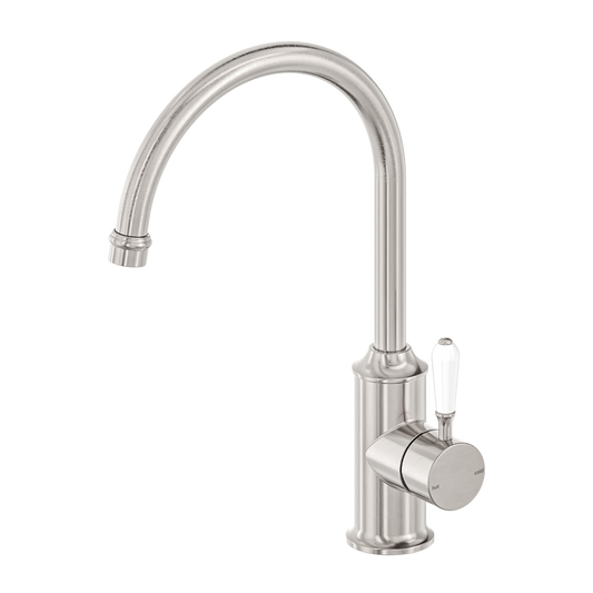 York Kitchen Mixer Gooseneck Spout With White Porcelain Lever Brushed Nickel (NR69210601BN)