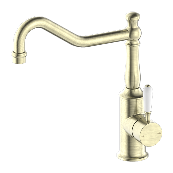 YORK KITCHEN MIXER HOOK SPOUT WITH WHITE PORCELAIN LEVER AGED BRASS (NR69210701AB)