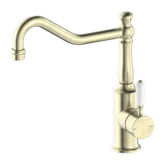 YORK KITCHEN MIXER HOOK SPOUT WITH WHITE PORCELAIN LEVER AGED BRASS (NR69210701AB)