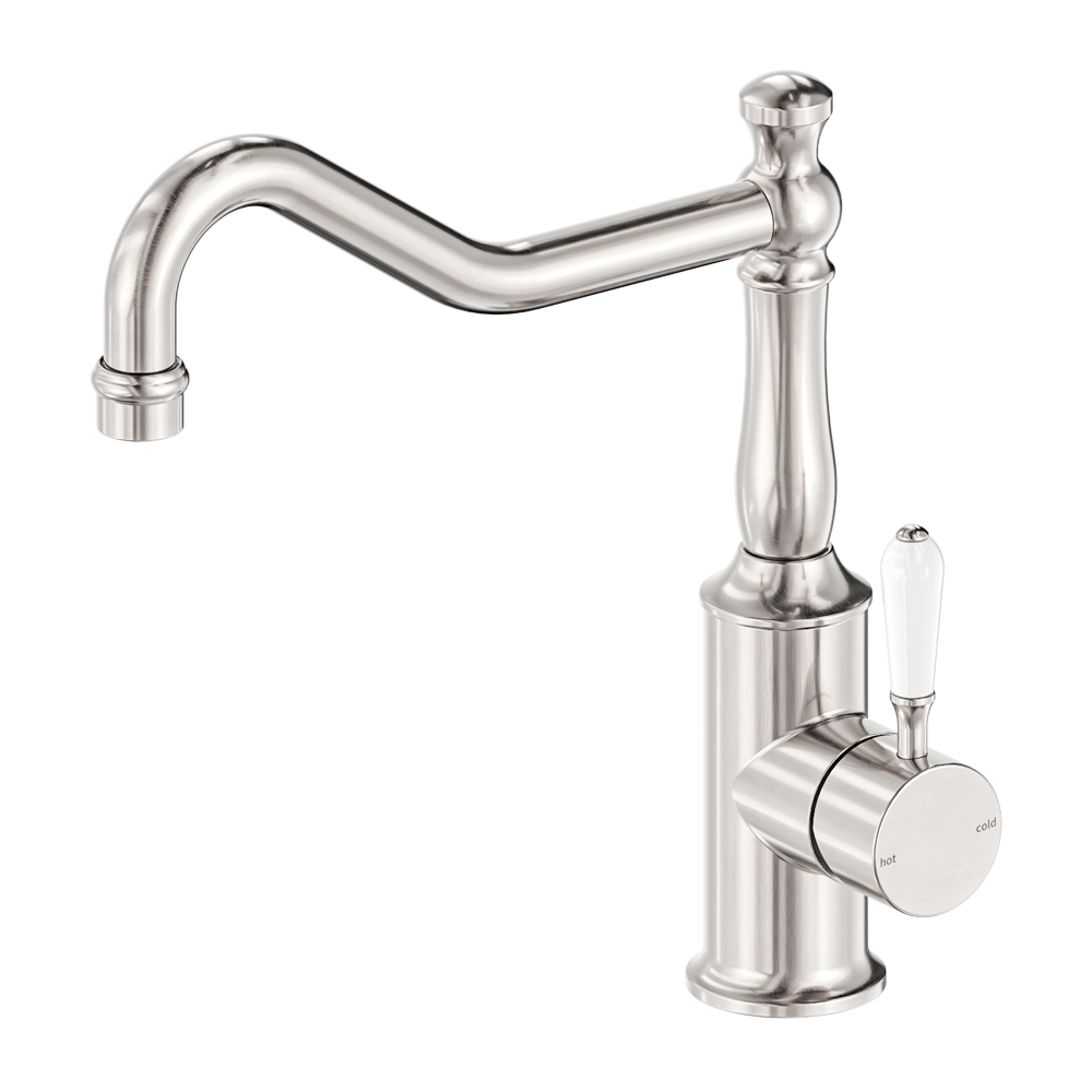 York Kitchen Mixer Hook Spout With White Porcelain Lever Brushed Nickel (NR69210701BN)