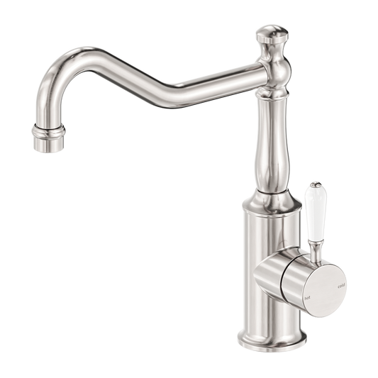 York Kitchen Mixer Hook Spout With White Porcelain Lever Brushed Nickel (NR69210701BN)