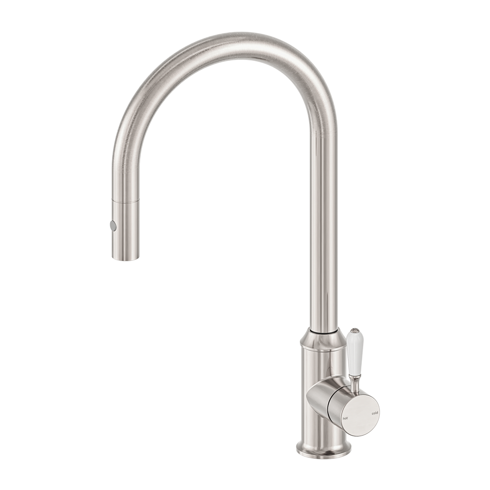 York Pull Out Sink Mixer With Vegie Spray Function With White Porcelain Lever Brushed Nickel (NR69210801BN)