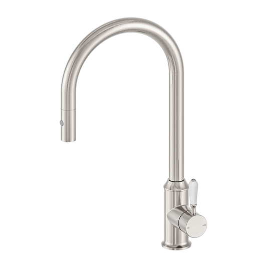 York Pull Out Sink Mixer With Vegie Spray Function With White Porcelain Lever Brushed Nickel (NR69210801BN)