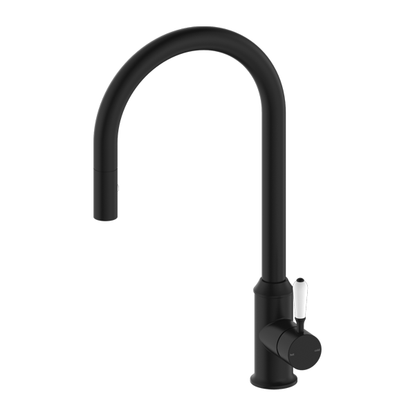 YORK PULL OUT SINK MIXER WITH VEGIE SPRAY FUNCTION WITH WHITE PORCELAIN LEVER MATTE BLACK (NR69210801MB)