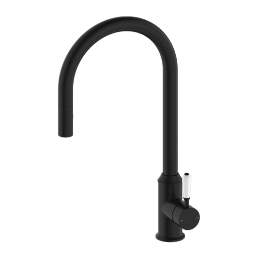 YORK PULL OUT SINK MIXER WITH VEGIE SPRAY FUNCTION WITH WHITE PORCELAIN LEVER MATTE BLACK (NR69210801MB)